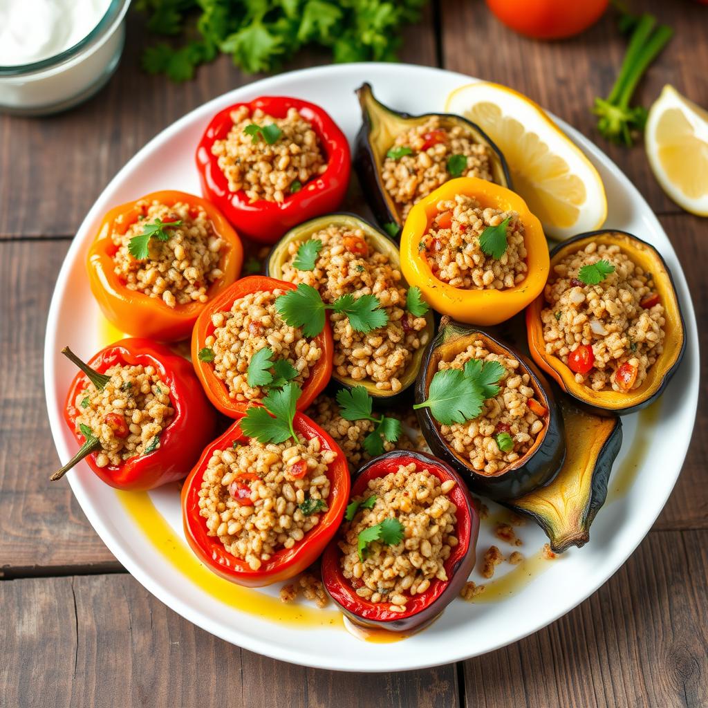 A colorful plate of stuffed vegetables, known as Mahshi, featuring bell peppers, zucchini, and eggplant filled with a savory bulgur wheat mix, garnished with fresh parsley and a drizzle of olive oil