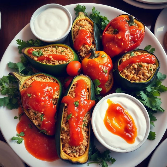 A beautifully arranged platter of Egyptian stuffed vegetables, known as Mahshi, filled with bulgur