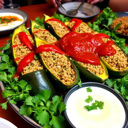 A beautifully arranged platter of Egyptian stuffed vegetables, known as Mahshi, filled with bulgur