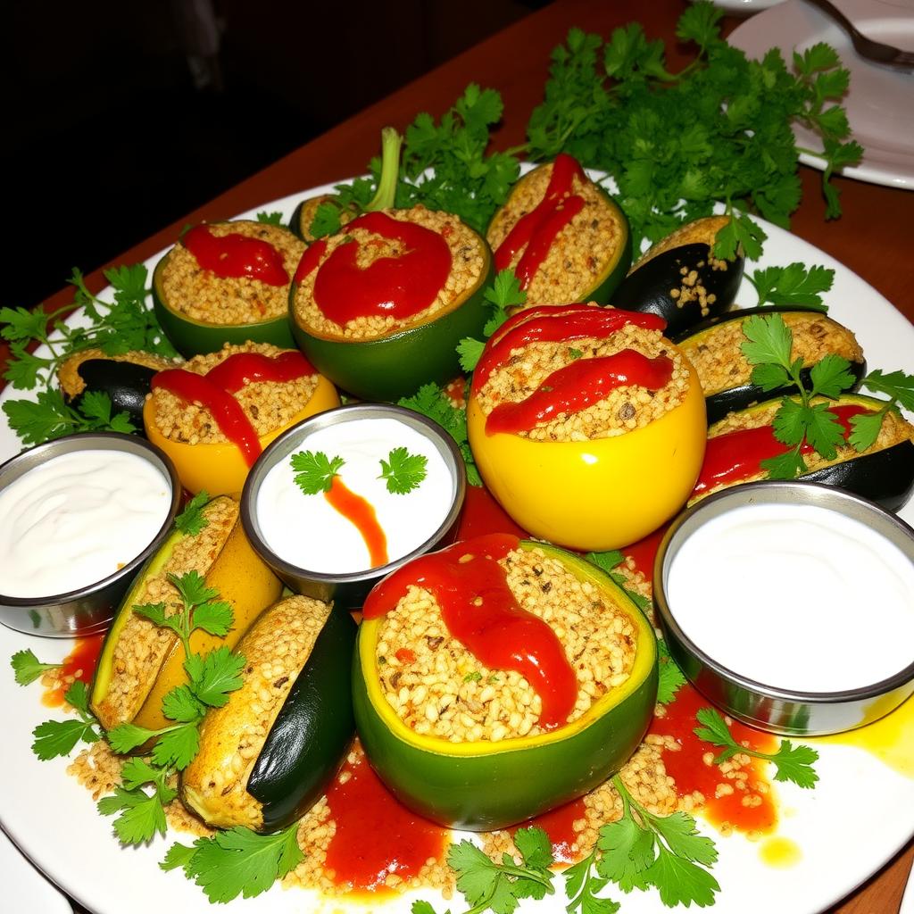 A beautifully arranged platter of Egyptian stuffed vegetables, known as Mahshi, filled with bulgur