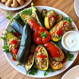 A beautifully arranged platter of Egyptian stuffed vegetables, known as Mahshi, filled with bulgur