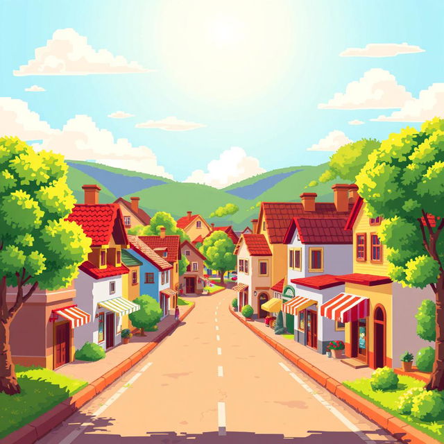 An 8-bit style sunny village scene depicting a vibrant street in the foreground that stretches horizontally across the image