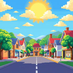 An 8-bit style sunny village scene depicting a vibrant street in the foreground that stretches horizontally across the image