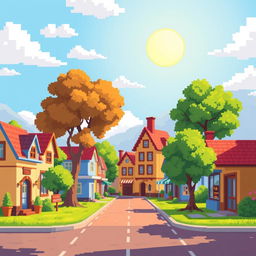 An 8-bit style sunny village scene depicting a vibrant street in the foreground that stretches horizontally across the image