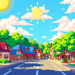 An 8-bit style sunny village scene depicting a vibrant street in the foreground that stretches horizontally across the image