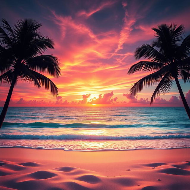 A stunningly edited photograph featuring a vibrant sunset over a serene beach