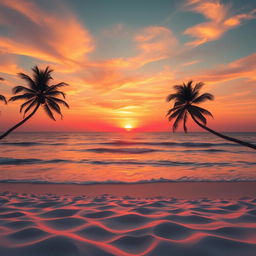 A stunningly edited photograph featuring a vibrant sunset over a serene beach