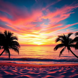 A stunningly edited photograph featuring a vibrant sunset over a serene beach