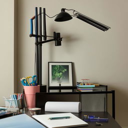 A well-organized study table featuring a lamp, a few books, stationery, and a laptop