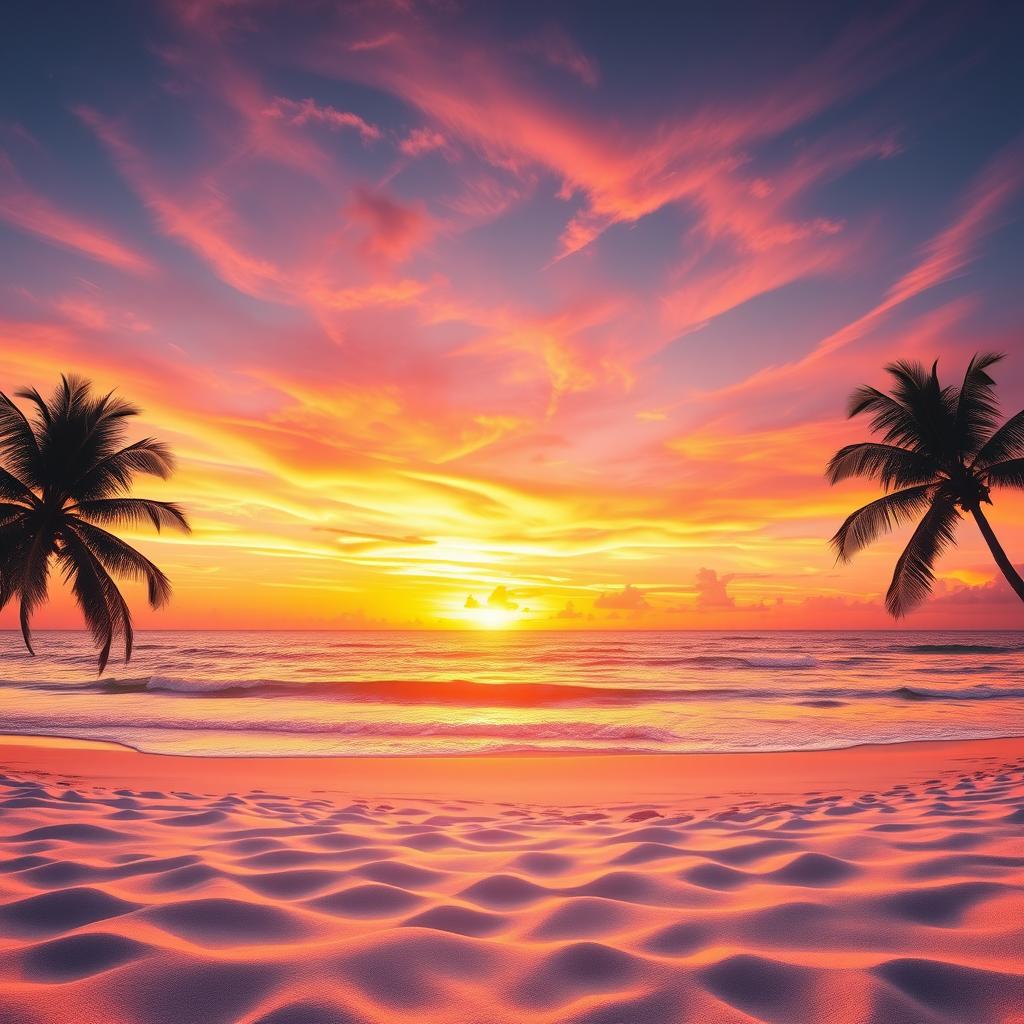 A stunningly edited photograph featuring a vibrant sunset over a serene beach