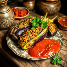 A beautifully presented traditional Egyptian dish of stuffed zucchini and eggplant, filled with spiced bulgur wheat and herbs