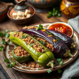 A beautifully presented traditional Egyptian dish of stuffed zucchini and eggplant, filled with spiced bulgur wheat and herbs
