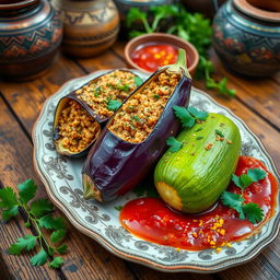 A beautifully presented traditional Egyptian dish of stuffed zucchini and eggplant, filled with spiced bulgur wheat and herbs