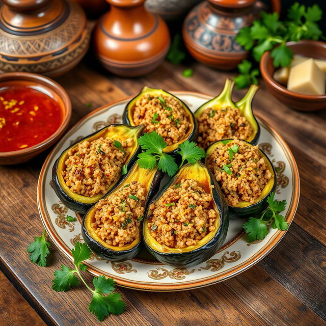 A beautifully presented traditional Egyptian dish of stuffed zucchini and eggplant, filled with spiced bulgur wheat and herbs