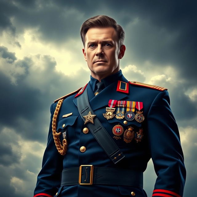 A powerful and commanding portrayal of Homelander, from the series The Boys, dressed in an imposing military commander uniform