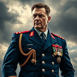A powerful and commanding portrayal of Homelander, from the series The Boys, dressed in an imposing military commander uniform