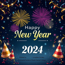 A beautiful and festive New Year greeting card design featuring colorful fireworks in the night sky, with the words "Happy New Year 2024" prominently displayed in elegant typography