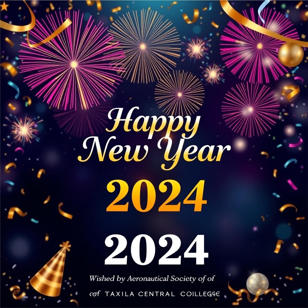 A beautiful and festive New Year greeting card design featuring colorful fireworks in the night sky, with the words "Happy New Year 2024" prominently displayed in elegant typography