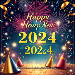 A beautiful and festive New Year greeting card design featuring colorful fireworks in the night sky, with the words "Happy New Year 2024" prominently displayed in elegant typography