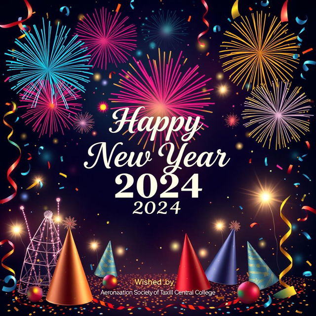 A beautiful and festive New Year greeting card design featuring colorful fireworks in the night sky, with the words "Happy New Year 2024" prominently displayed in elegant typography