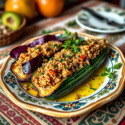 A delicious plate of Egyptian stuffed zucchini and eggplant, known as Mahshi, filled with spiced bulgur wheat