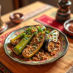 A delicious plate of Egyptian stuffed zucchini and eggplant, known as Mahshi, filled with spiced bulgur wheat