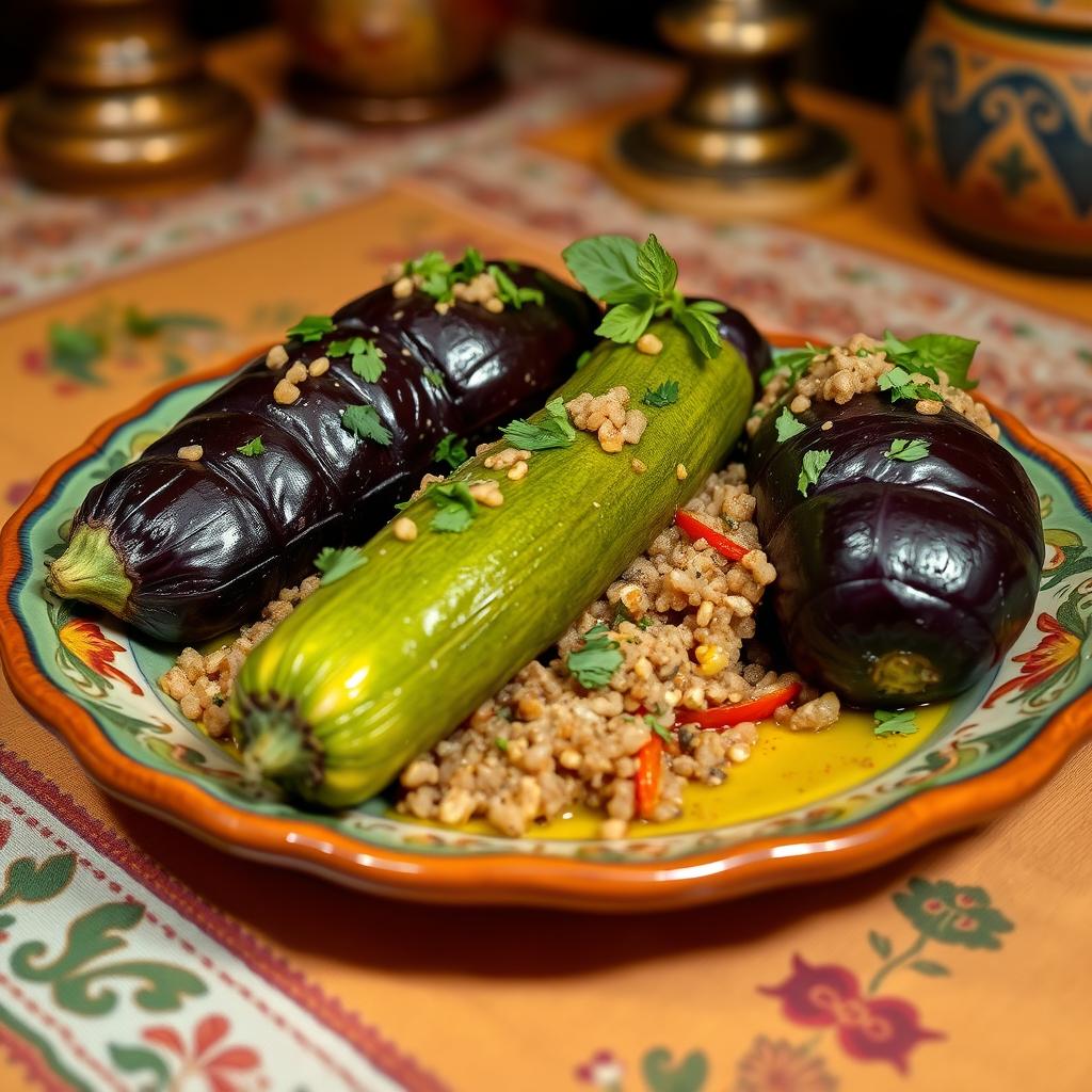 A delicious plate of Egyptian stuffed zucchini and eggplant, known as Mahshi, filled with spiced bulgur wheat