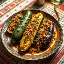 A delicious plate of Egyptian stuffed zucchini and eggplant, known as Mahshi, filled with spiced bulgur wheat