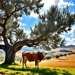 A serene scene featuring a cow peacefully grazing beneath a lush olive tree