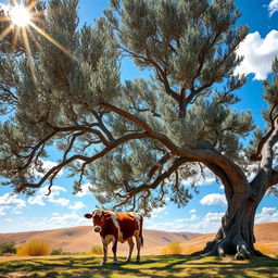 A serene scene featuring a cow peacefully grazing beneath a lush olive tree