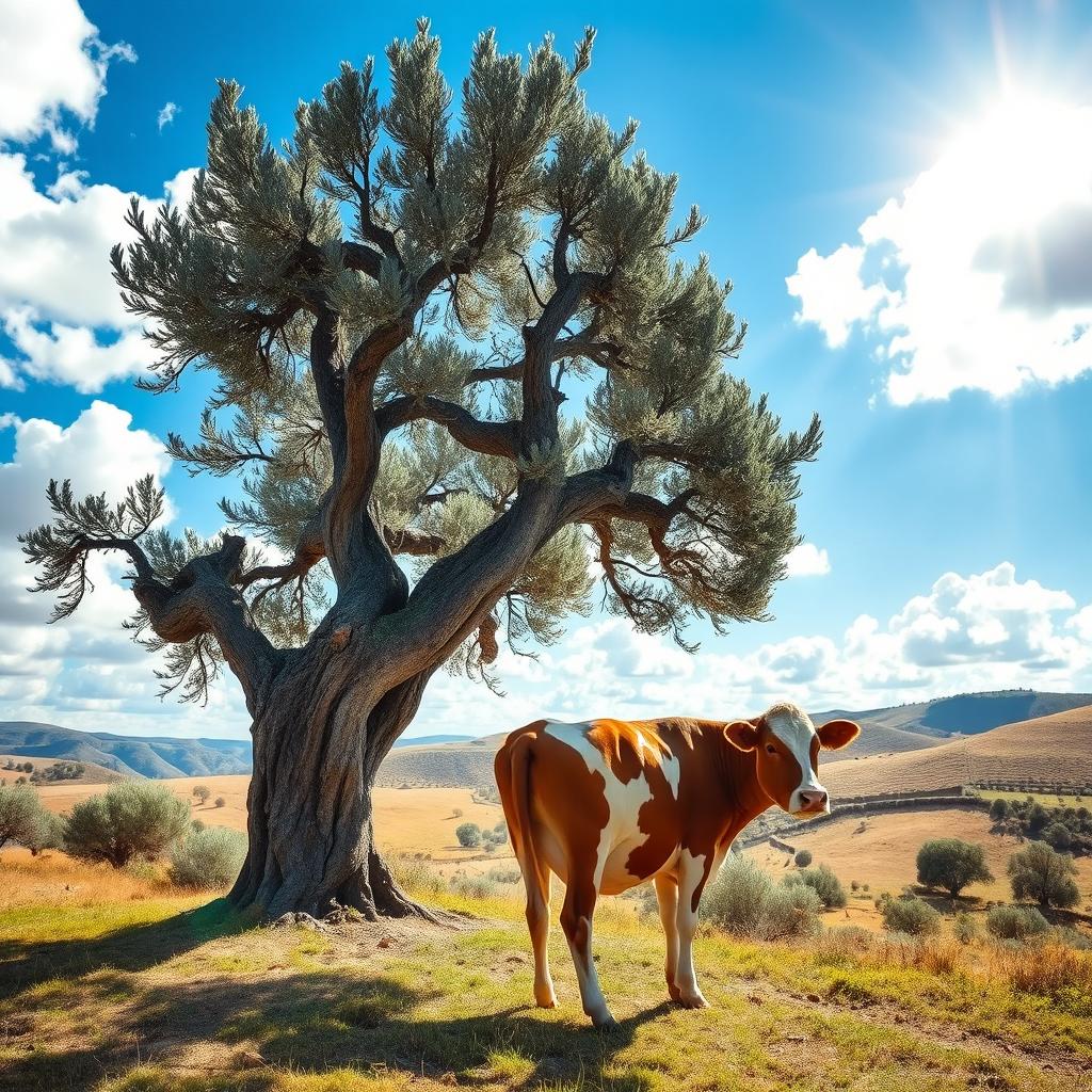 A serene scene featuring a cow peacefully grazing beneath a lush olive tree