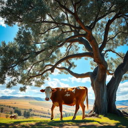A serene scene featuring a cow peacefully grazing beneath a lush olive tree
