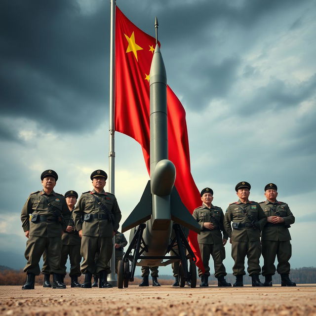 A striking scene featuring the flag of China prominently displayed in the foreground