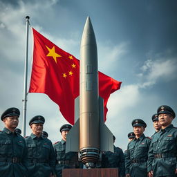 A striking scene featuring the flag of China prominently displayed in the foreground
