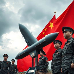 A striking scene featuring the flag of China prominently displayed in the foreground