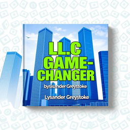 A flat book cover design featuring a realistic cityscape with towering skyscrapers, symbolizing business success and growth