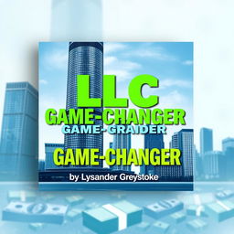A flat book cover design featuring a realistic cityscape with towering skyscrapers, symbolizing business success and growth