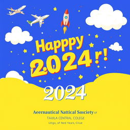 A vibrant New Year's greeting card design featuring an aeronautical theme