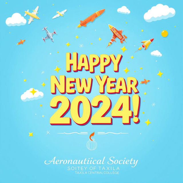 A vibrant New Year's greeting card design featuring an aeronautical theme