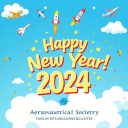 A vibrant New Year's greeting card design featuring an aeronautical theme