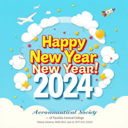 A vibrant New Year's greeting card design featuring an aeronautical theme
