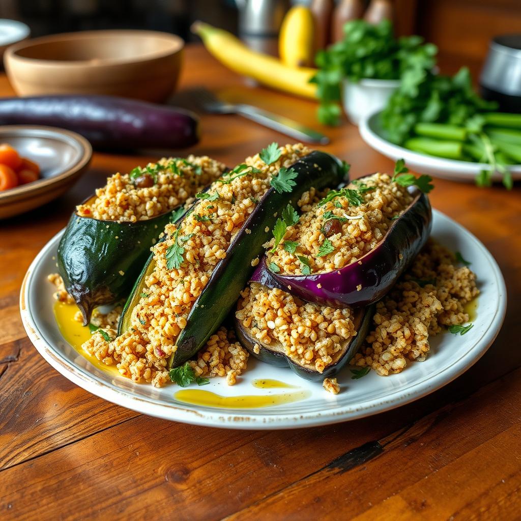 A beautifully arranged plate featuring zucchini and eggplant stuffed with bulgur, garnished with fresh herbs and drizzled with olive oil