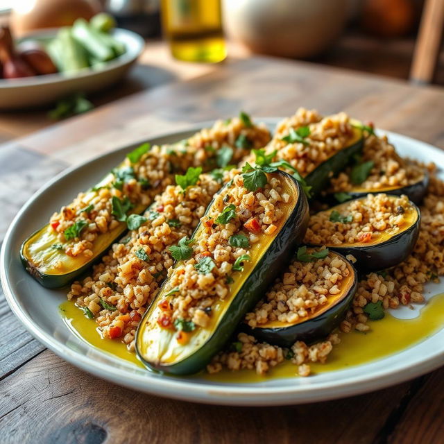 A beautifully arranged plate featuring zucchini and eggplant stuffed with bulgur, garnished with fresh herbs and drizzled with olive oil