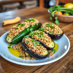 A beautifully arranged plate featuring zucchini and eggplant stuffed with bulgur, garnished with fresh herbs and drizzled with olive oil
