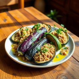 A beautifully arranged plate featuring zucchini and eggplant stuffed with bulgur, garnished with fresh herbs and drizzled with olive oil