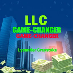 A flat book cover design featuring a realistic cityscape with sleek skyscrapers representing business success and growth as the background