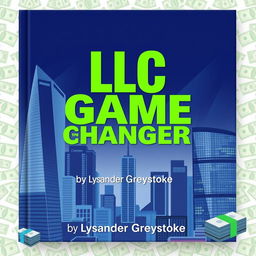 A flat book cover design featuring a realistic cityscape with sleek skyscrapers representing business success and growth as the background