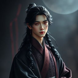 A stunning male figure resembling Jim from BTS, with long, curly black hair and striking red eyes