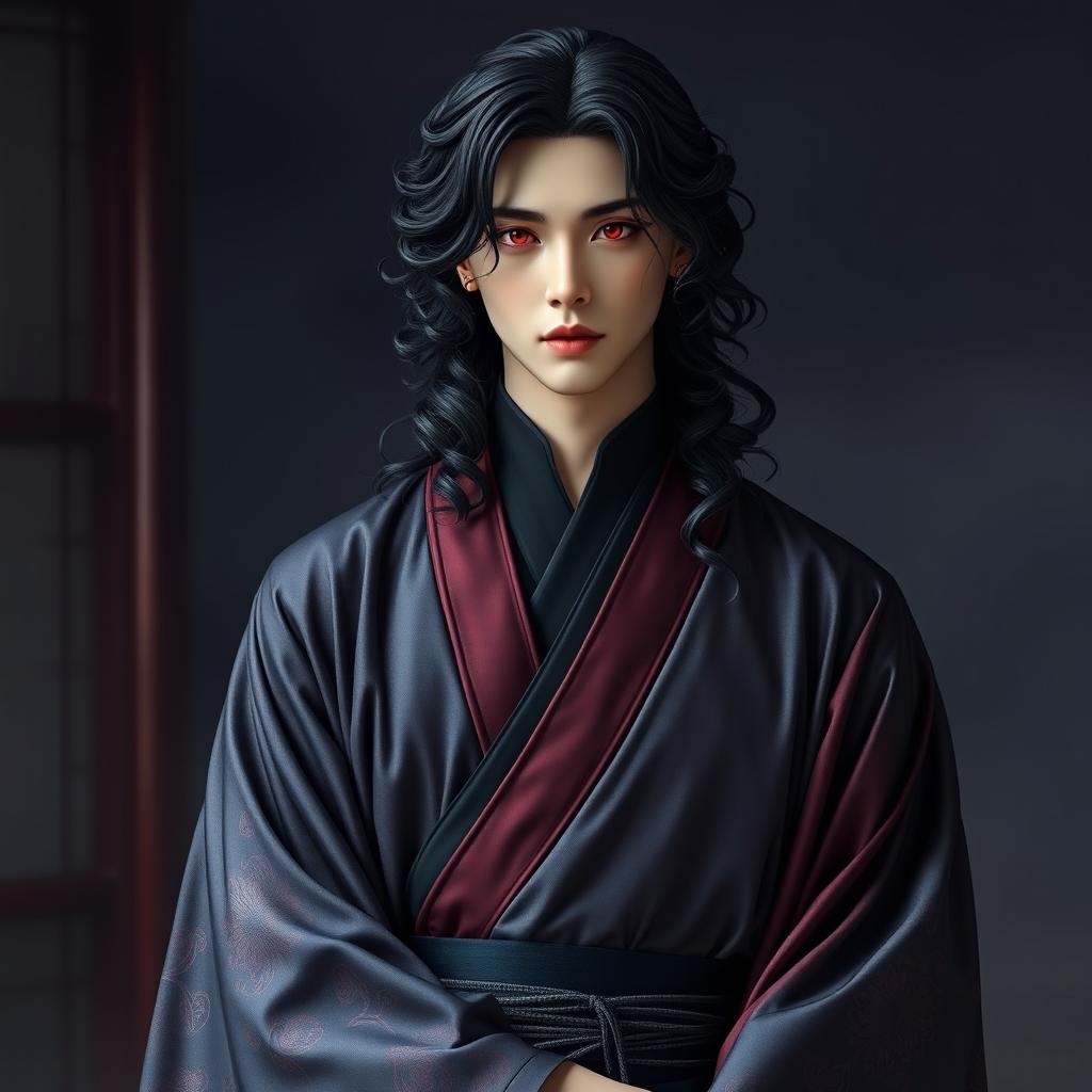 A stunning male figure resembling Jim from BTS, with long, curly black hair and striking red eyes