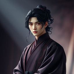 A stunning male figure resembling Jim from BTS, with long, curly black hair and striking red eyes